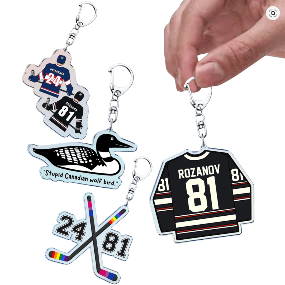 Heated Rivalry hockey-themed keychains - Hollander, Rosanov, Stupid Canadian Wolf Bird, Rainbow hockey tape