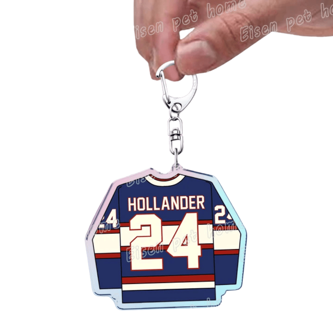 Heated Rivalry Keychain shaped like a hockey jersey with the name 'Hollander' and number '24'.