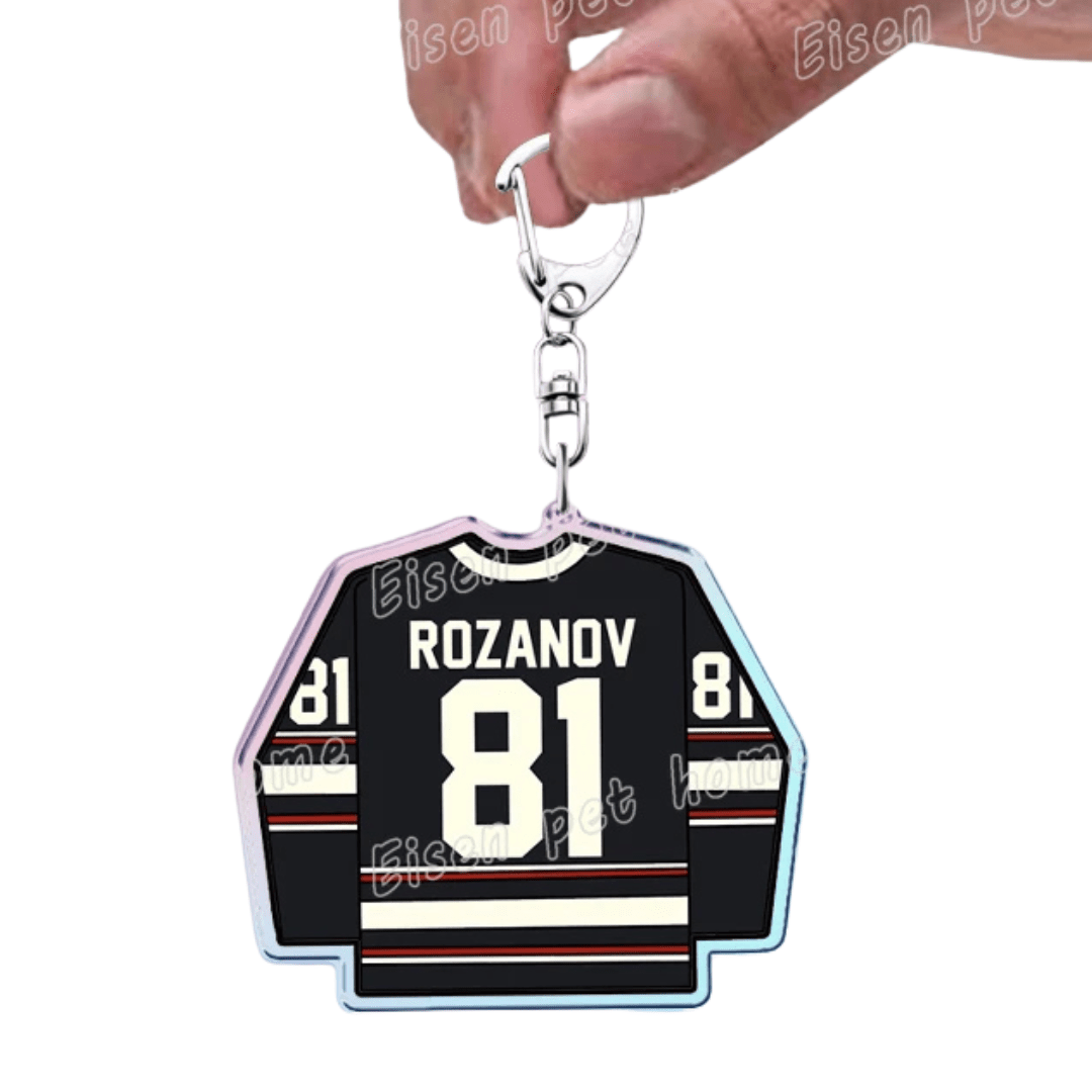 Heated Rivalry Keychain designed like a hockey jersey with the name 'Rozanov' and number '81'