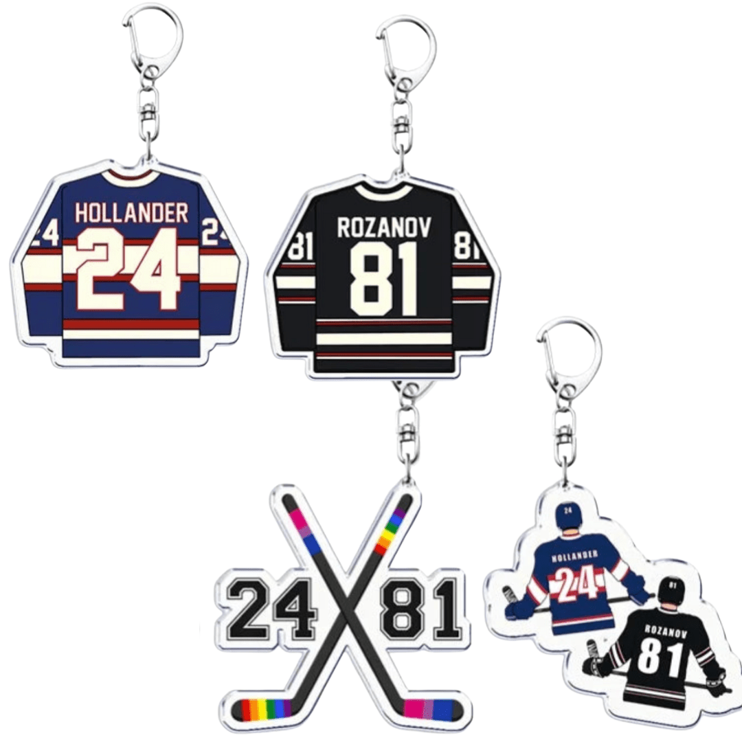 Set of hockey-themed keychains with player names and numbers. Rainbow Pride and Bisexual Pride hockey sticks. Hollanov bag charm