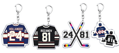 Heated Rivalry hockey jersey and  rainbow hockey sticks acrylic key rings. Hollander, Rozanov