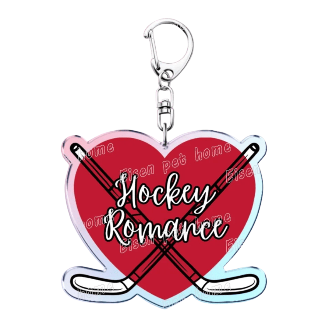 Heated Rivalry Red Love Heart-shaped keychain with crossed hockey sticks and 'Hockey Romance' 