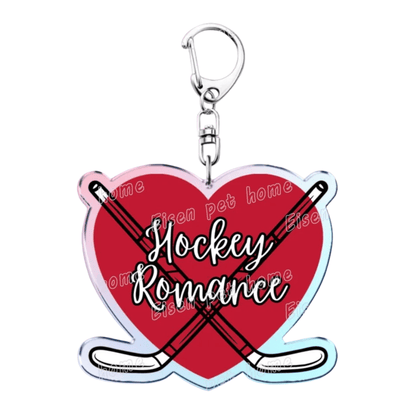 Heated Rivalry Red Love Heart-shaped keychain with crossed hockey sticks and 'Hockey Romance' 