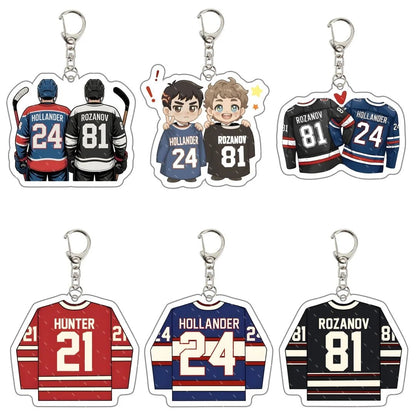 Heated Rivalry romance keychains with Hollander and Rozanov and Hunter hockey jerseys and numbers