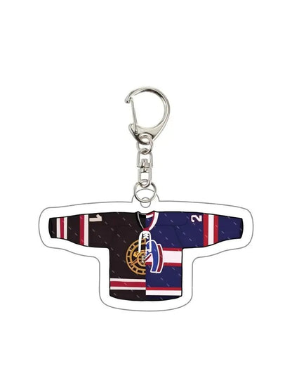 Keychain in the shape of a hockey jersey with a blue and red design representing both Hollander and Rozanov
