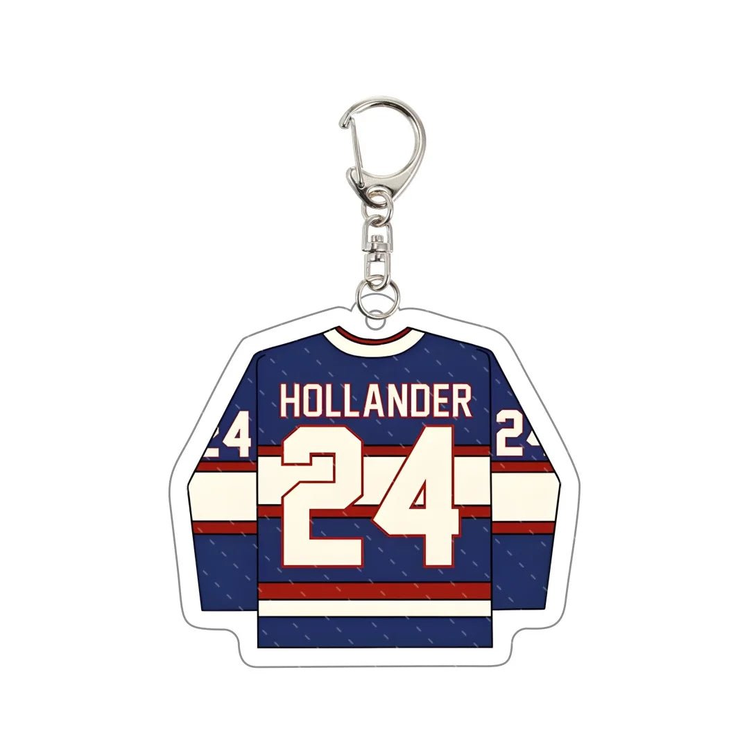 Keychain designed like a hockey jersey with the name 'Hollander' and number '24'.