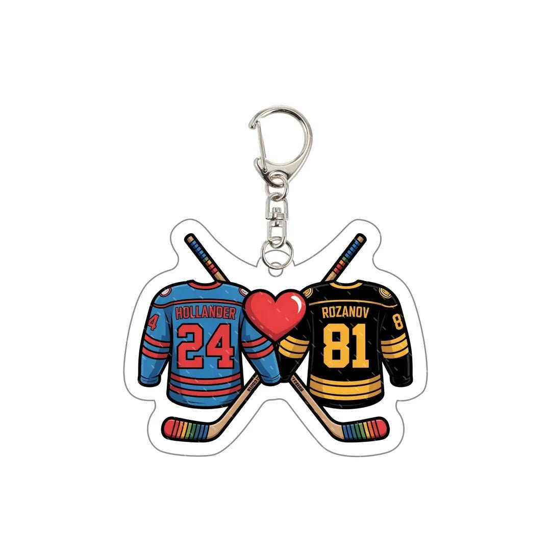 Heated Rivalry Keychain with hockey jerseys love heart Hollander 24 and Rozanov 81 crossed hockey sticks