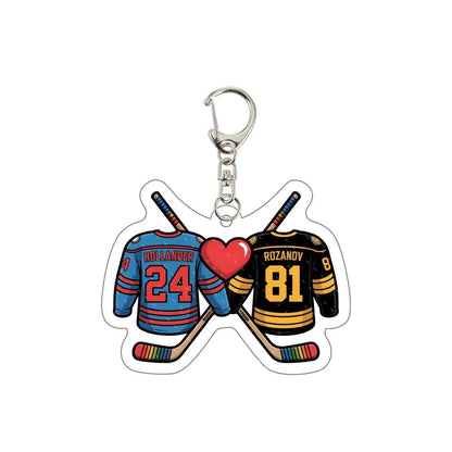 Heated Rivalry Keychain with hockey jerseys love heart Hollander 24 and Rozanov 81 crossed hockey sticks
