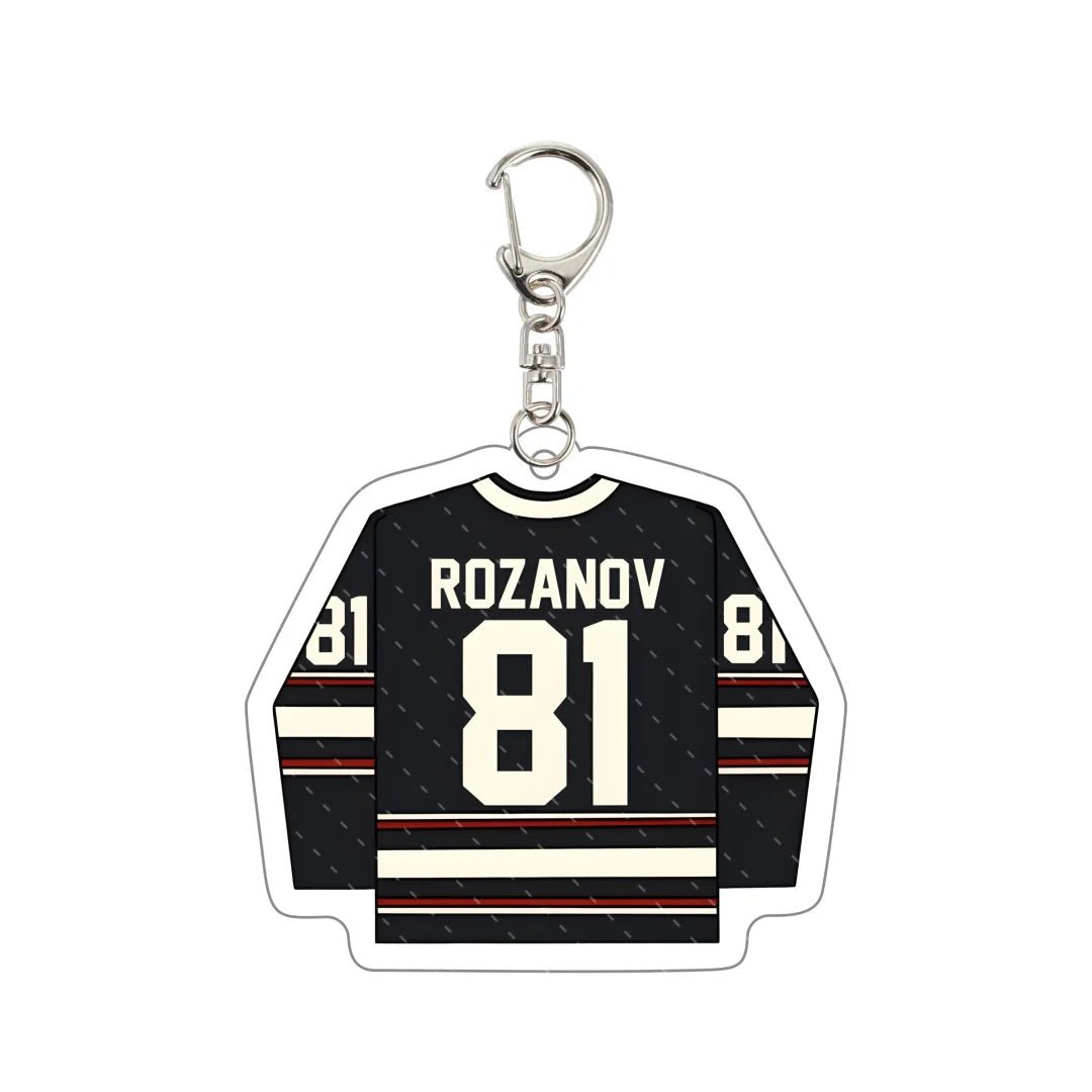 Heated Rivalry Keychain designed like a hockey jersey with the name 'Rozanov' and number '81'.