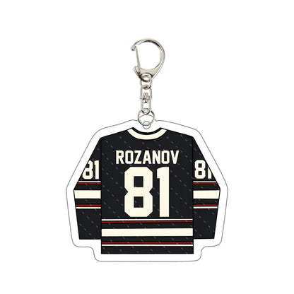 Heated Rivalry Keychain designed like a hockey jersey with the name 'Rozanov' and number '81'.