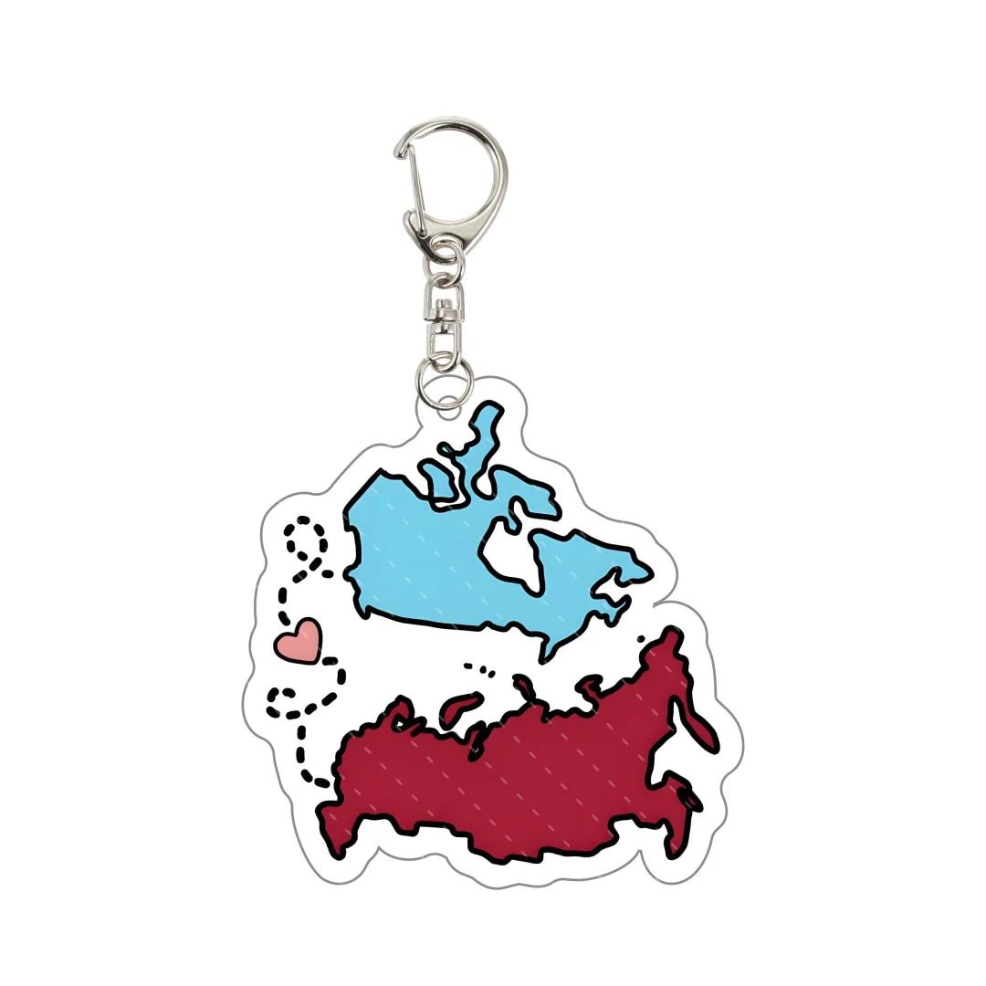 Heated Rivalry hockey Keychain with map of Canada and Russia design 