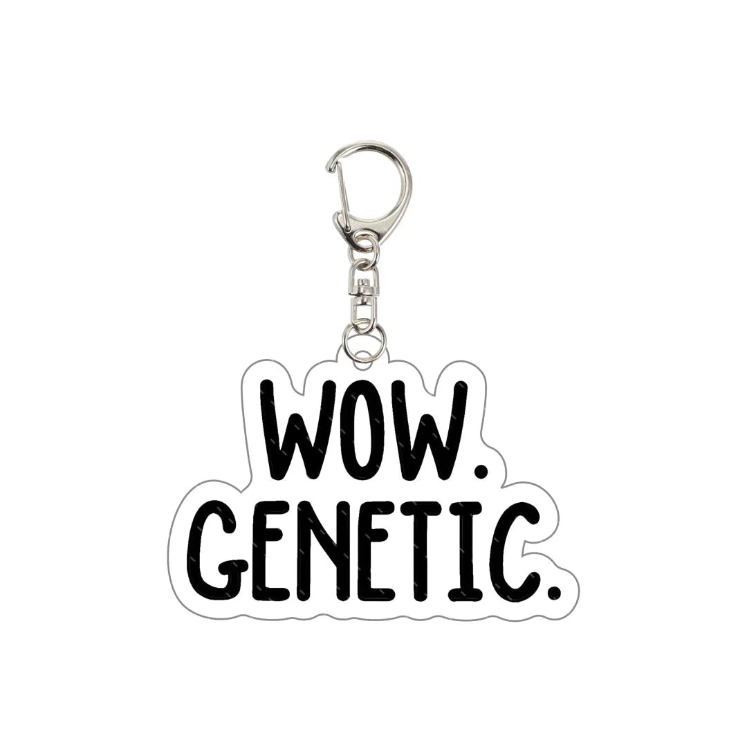 Heated Rivalry Keychain with 'WOW. GENETIC.' tex