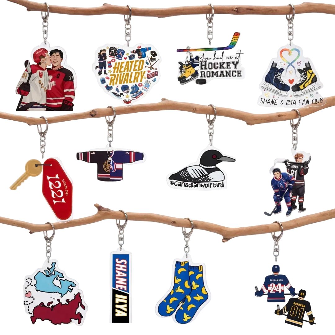 Heated Rivalry Shane and Ilya keychains. Gay Hockey romance gifts