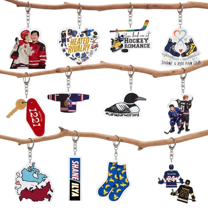 Heated Rivalry Shane and Ilya keychains. Gay Hockey romance gifts