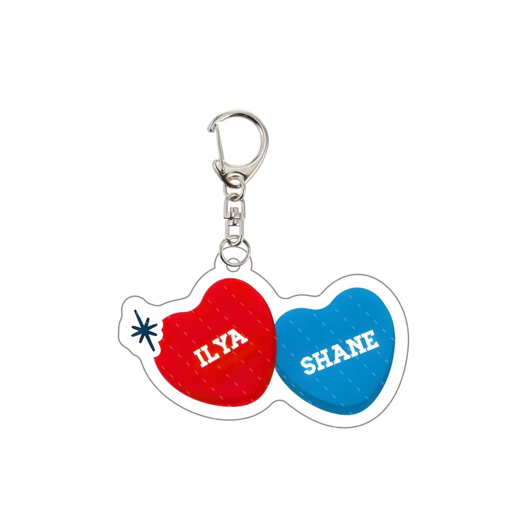 Heated Rivalry Keychain with red and blue hearts labeled 'ILYA' and 'SHANE' 