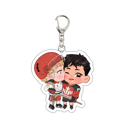 Heated Rivalry Shane and Ilya cartoon characters bag charm in hockey-themed design 