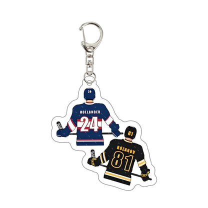 Heated Rivalry keychain with illustrations of hockey players jerseys  Hollander24 Rozanov 81 with hockey sticks