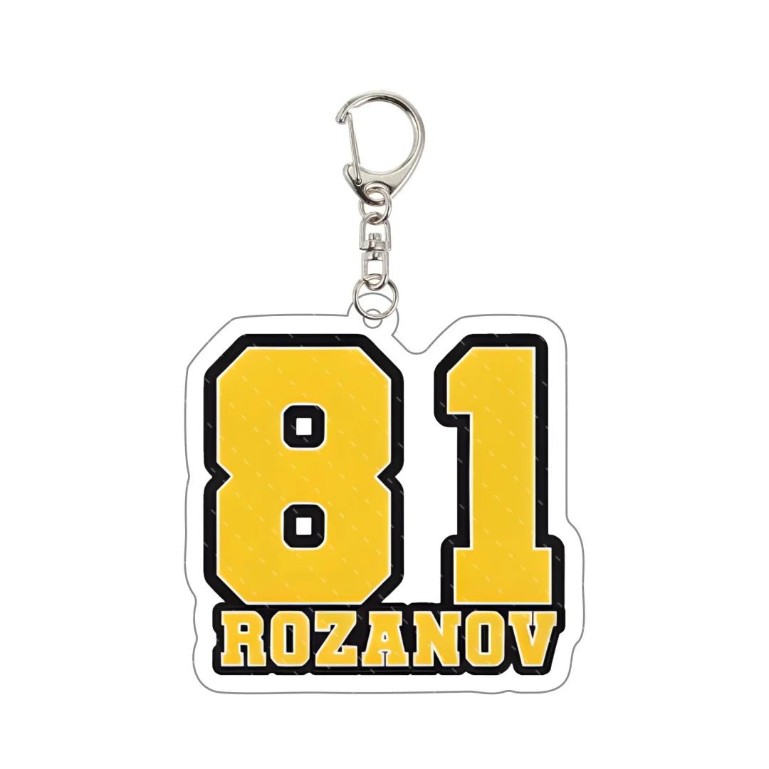 Keychain with yellow number '81' and name 'ROZANOV' 