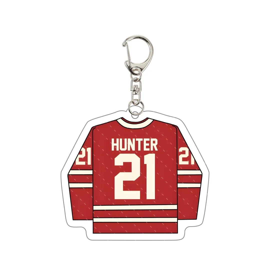 Heated Rivalry Red hockey jersey keychain with 'Hunter' and number '21'