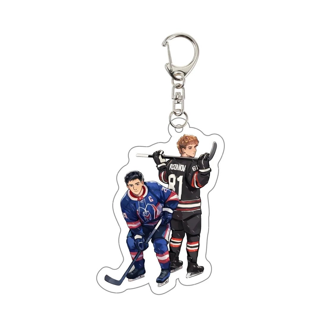 Heated Rivalry Keychain with Shane and Ilya in action poses with ice hockey sticks