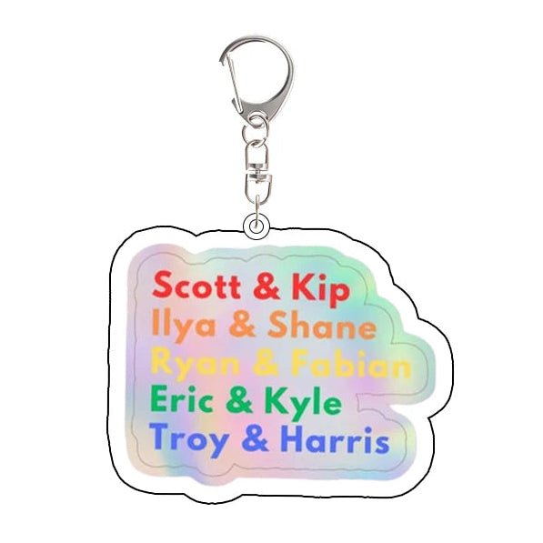 Keychain with colorful text on a white background