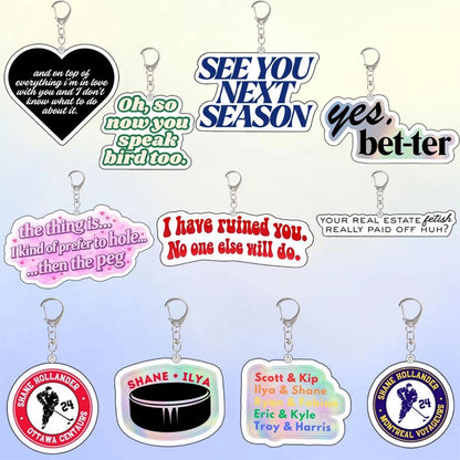 Cute Heated Rivalry keychain gifts with various LGBT Ice Hockey designs featuring Shane and Ilya