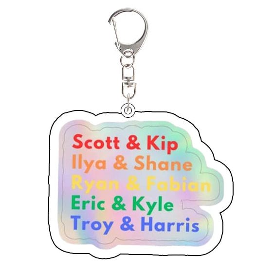Heated Rivalry Keychain with rainbow text: Scott and Kip, Ilya and Shane, Ryan and Fabrian, Eric and Kyle, Troy and Harris