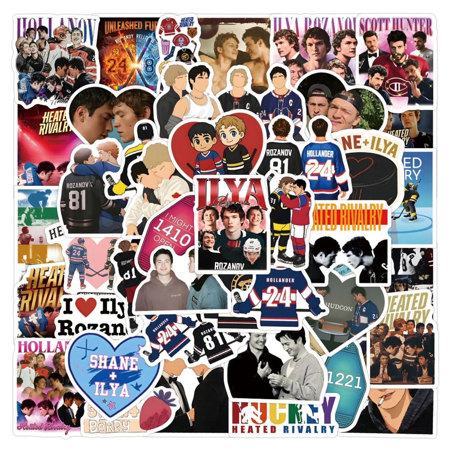 Collage of various stickers featuring images and text from Heated Rivalry. Ilya, Shane, Rozanov, Hollander, hockey theme stickers.