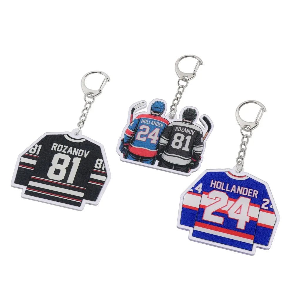 Heated Rivalry hockey jersey keychains with numbers and names. Hollander 24, Rozanov 81 and a Shane and Ilya couple keyring with hockey sticks 