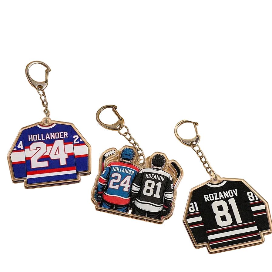Heated Rivalry hockey jersey keychains with numbers and names. Hollander 24, Rozanov 81 and a Shane and Ilya couple keyring with hockey sticks 