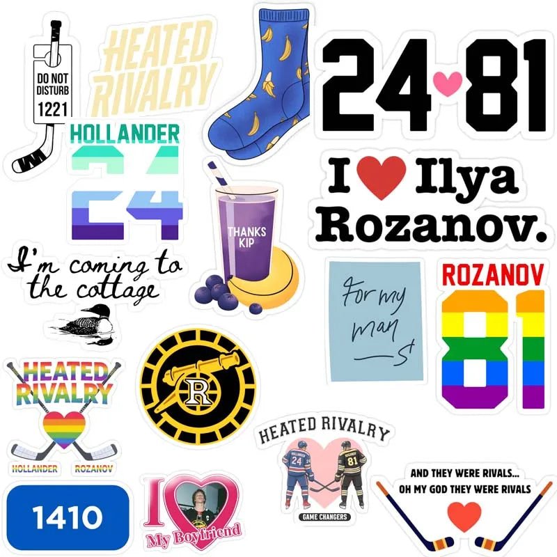 The Heated Rivalry stickers - set of 41 features colorful hockey-themed designs including phrases, numbers, hearts, socks, drinks, and team logos arranged on a white background.