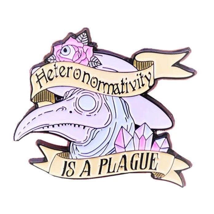 Pin with gothic plague doctor design and text 'Heteronormativity is a Plague'. LGBTIQ pride badge