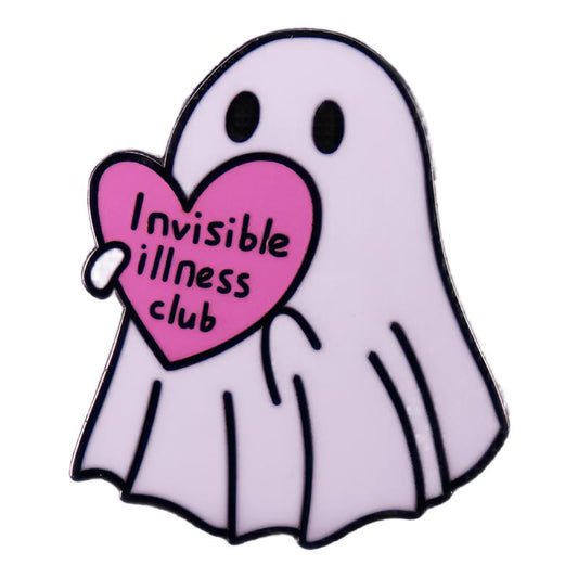 The Hidden Disability Awareness ghost badge features a white cartoon ghost holding a pink heart with the text "Invisible illness club," serving as a charming hidden disability emblem that raises chronic illness awareness while resembling an enamel pin.