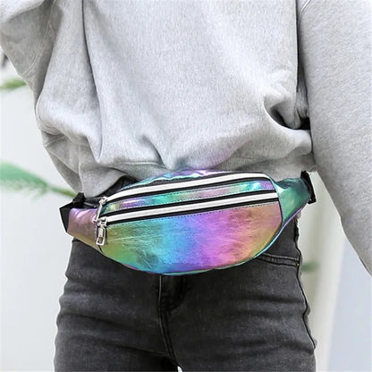 Person wearing a rainbow colorful holographic fanny pack bum bag