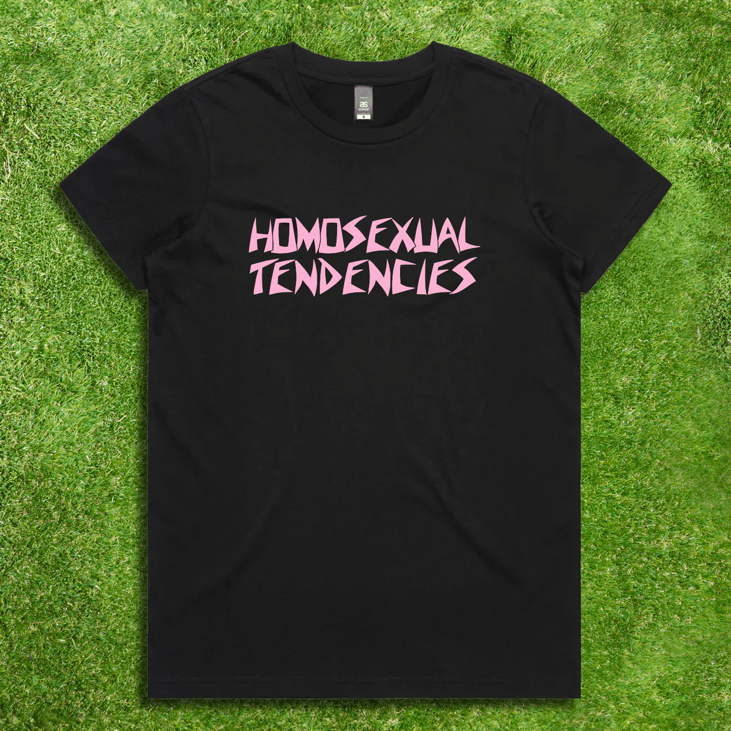 HOMOSEXUAL TENDENCIES  - red, white or pink text - Local hand printed satire t-shirt