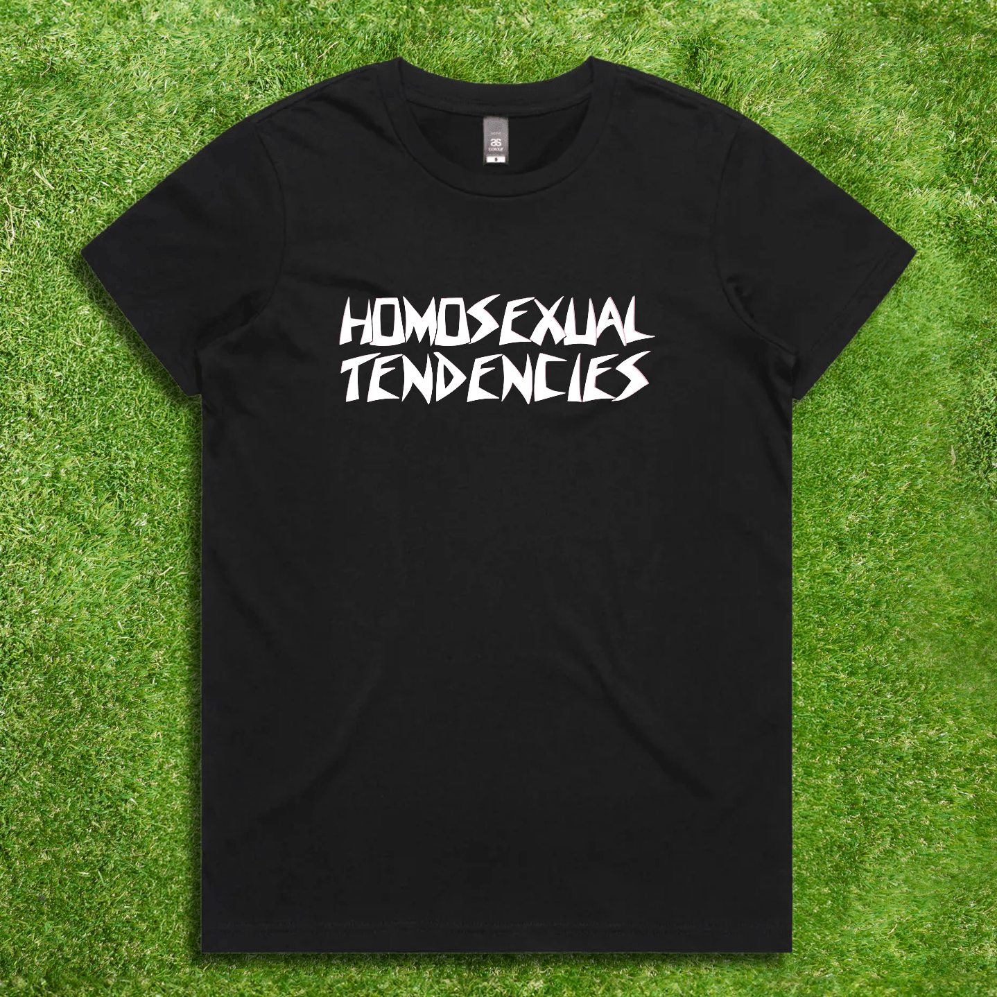 HOMOSEXUAL TENDENCIES  - red, white or pink text - Local hand printed satire t-shirt