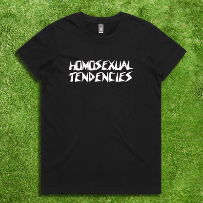HOMOSEXUAL TENDENCIES  - red, white or pink text - Local hand printed satire t-shirt