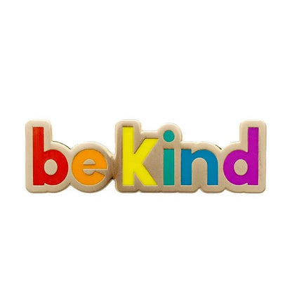 Colorful rainbow letters spelling 'be kind' on a white background
