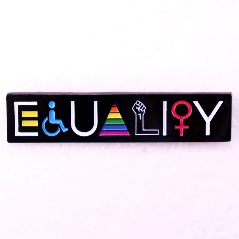 Equality badge with symbols for disability, LGBTQ+, and feminism on a black background