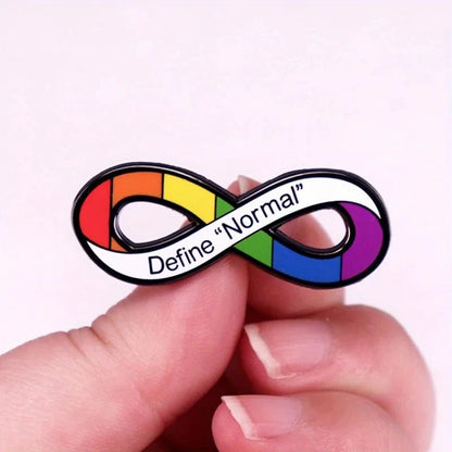 Infinite symbol with rainbow colors and 'Define Normal' text held by a hand 