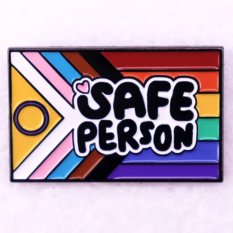 Inclusive rainbow pride badge with 'SAFE PERSON' text on a white background