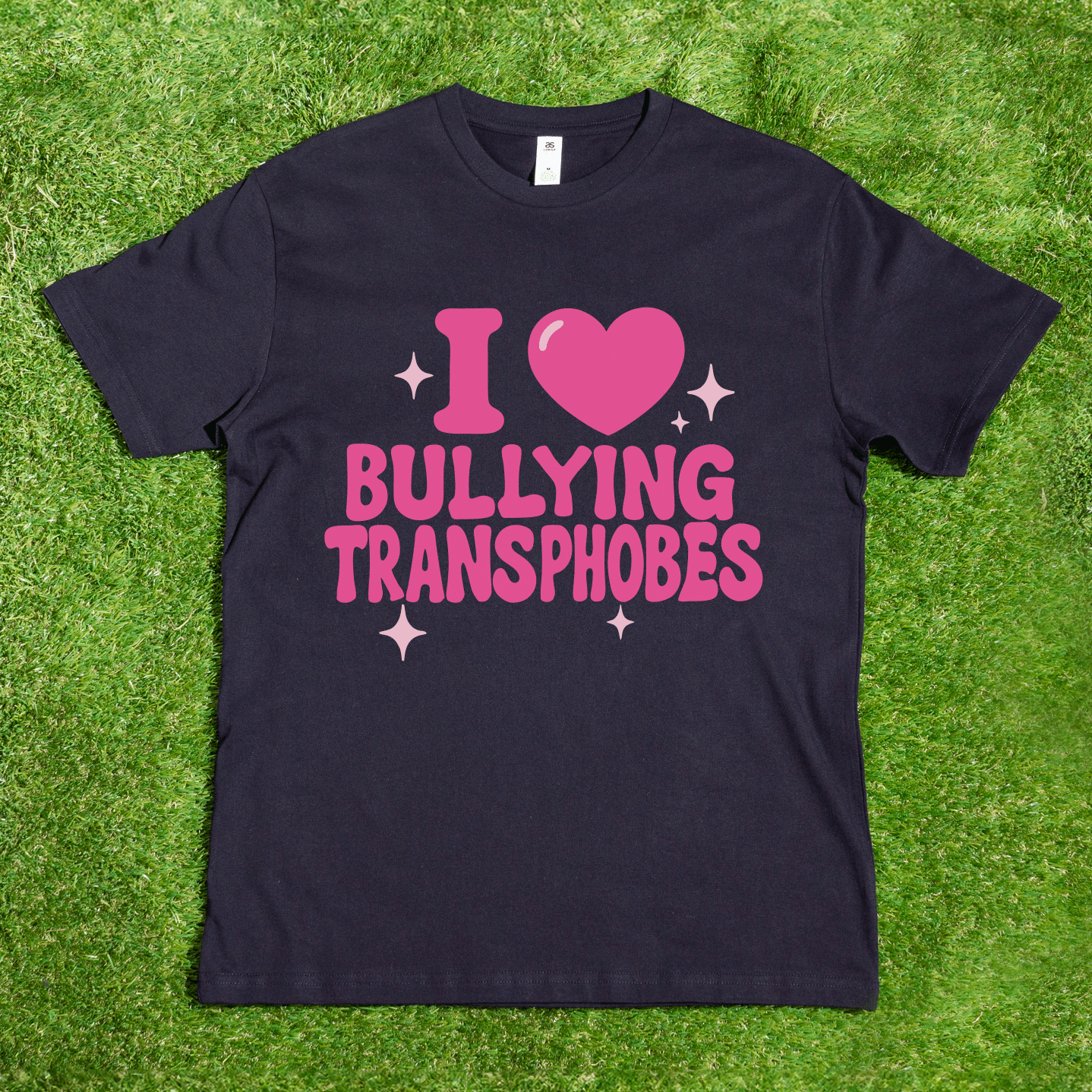 A black hand-printed "I 🩷 Bullying Transphobes / Homophobes" AS Colour T-shirt with pink text and sparkles lies on grass—a bold piece of queer streetwear.