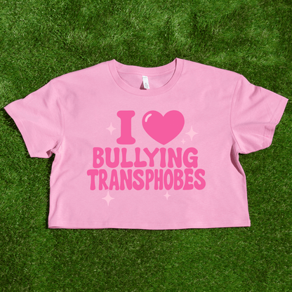 A pink "I 🩷 Bullying Transphobes / Homophobes" crop tee, locally printed and vibrant queer streetwear from a trans-owned small business, lies on the grass.