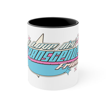 The "I Love My Transgender Friend" original design accent mug by Printify is a white mug with a vibrant blue interior. It showcases a colorful retro design and bold text that reads "I love my transgender friend," adorned with pink, blue, and white stars. This mug is perfect for anyone special.