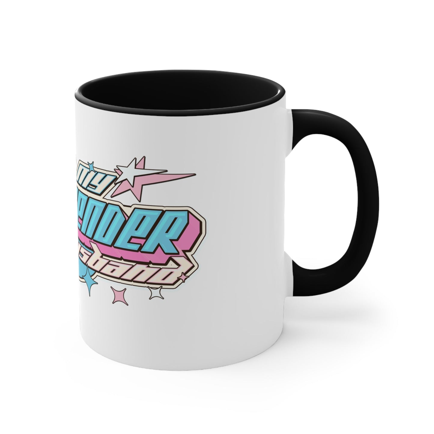 The "I Love My Transgender Husband" original design accent mug by Printify is a white mug with a vibrant interior, featuring bold, retro-styled text. The playful and celebratory design includes stars and geometric shapes in pastel pink, blue, and yellow.