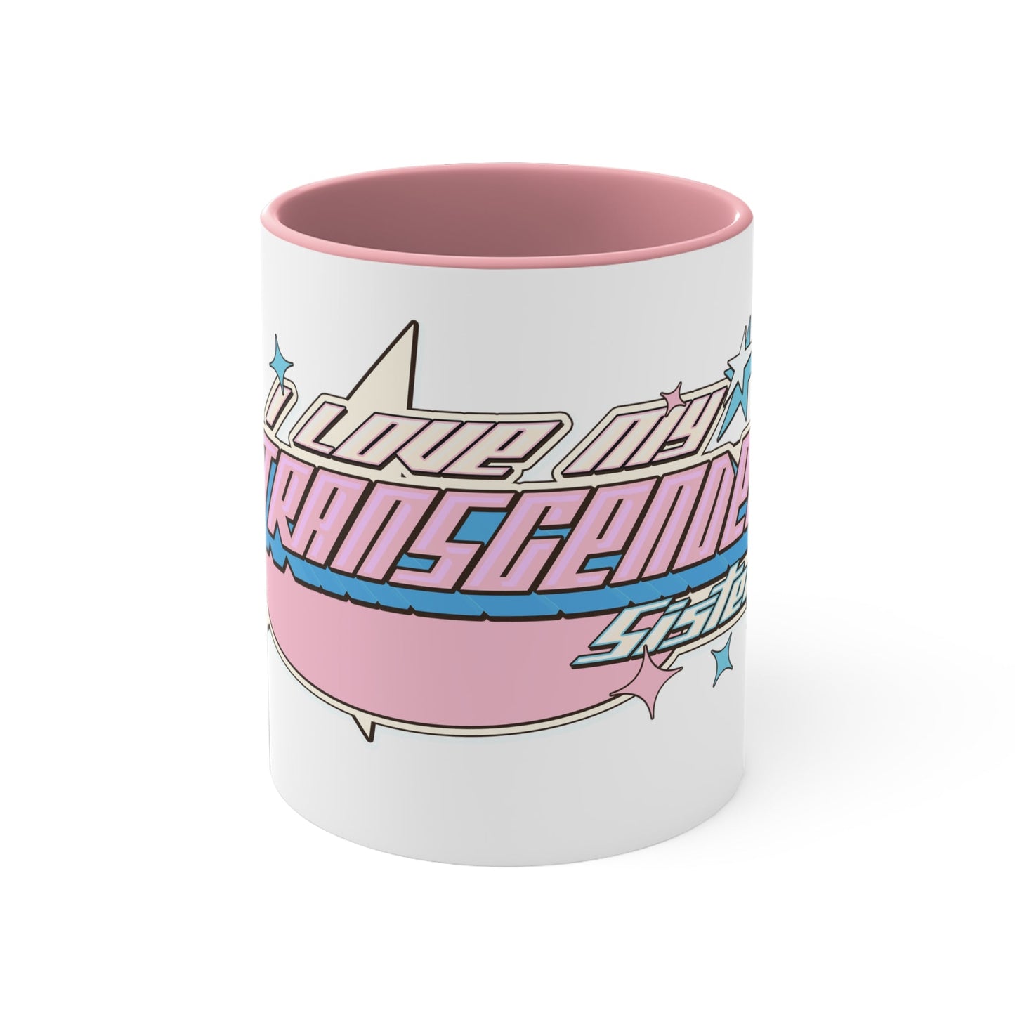 The "I Love My Transgender Sister" original design accent mug by Printify features a white exterior and a pink interior. It showcases a retro-style graphic with the bold text "I love my transgender self" across the center, adorned with light blue and pink star-shaped accents aligned to the left and right of the text. This unique mug beautifully celebrates your identity.