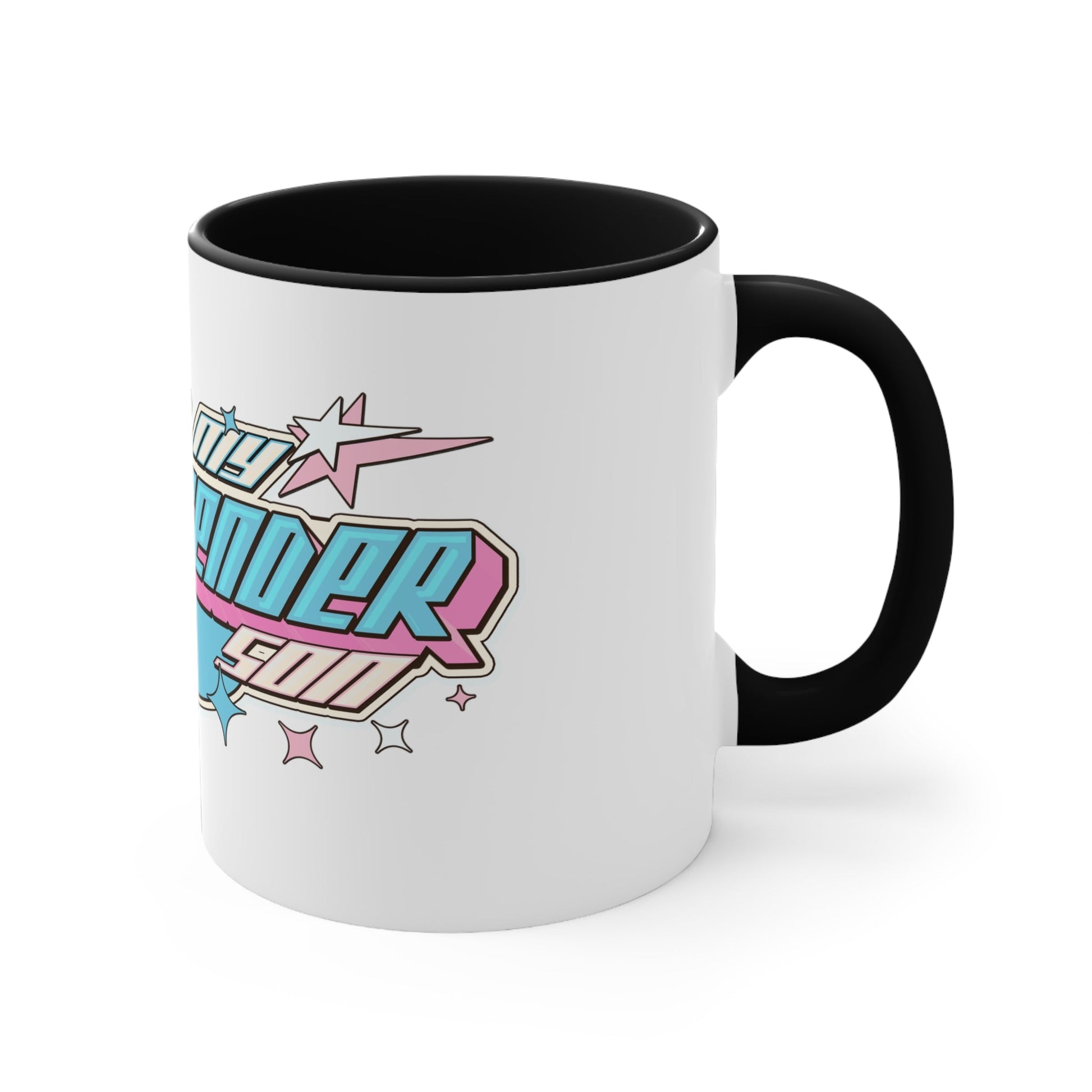 The vibrant I Love My Transgender Son original design accent mug from Printify features a colorful interior and showcases a retro-styled graphic with the phrase "Love My Transgender Self" in bold letters, surrounded by star shapes and a banner. The design incorporates pastel colors such as pink, turquoise, and blue.