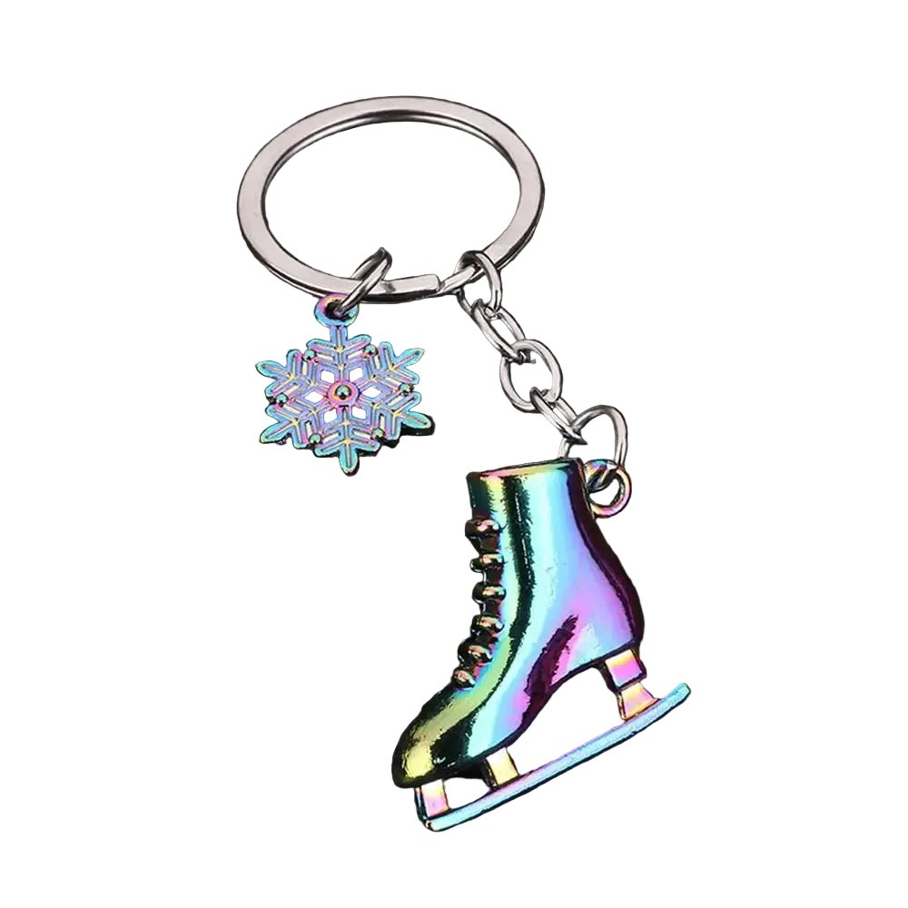 Keychain with rainbow colorful ice skate and snowflake charm