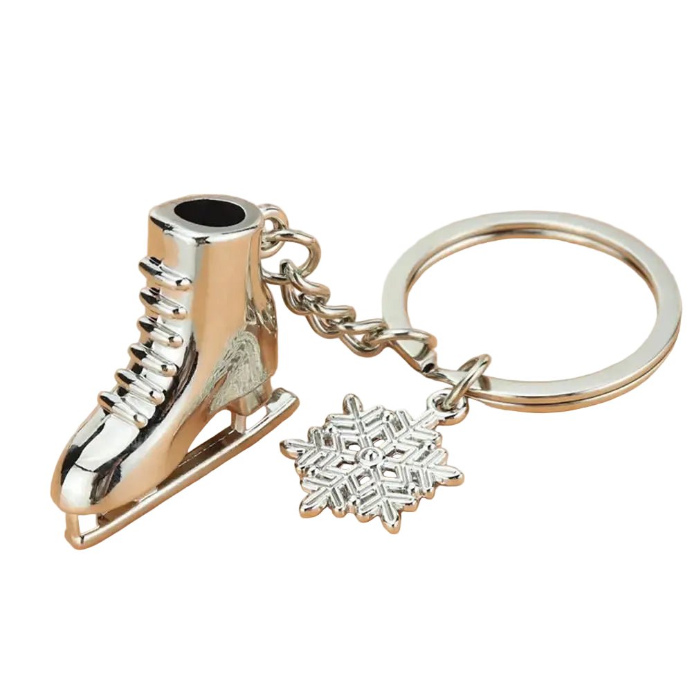 Silver ice skate and snowflake keychain 