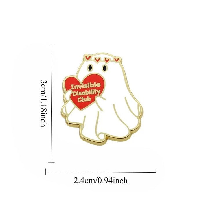 Ghost-shaped pin with a heart that says 'Invisible Disability Club' and measurements on a white background